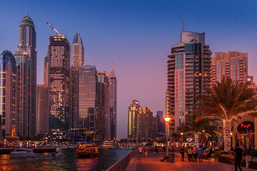 Dubai Marina waterfront skyline at twilight